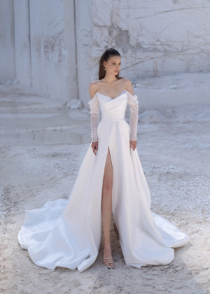 Long Sleeves Beaded Ivory Lace Satin Slit Sexy Wedding Dress